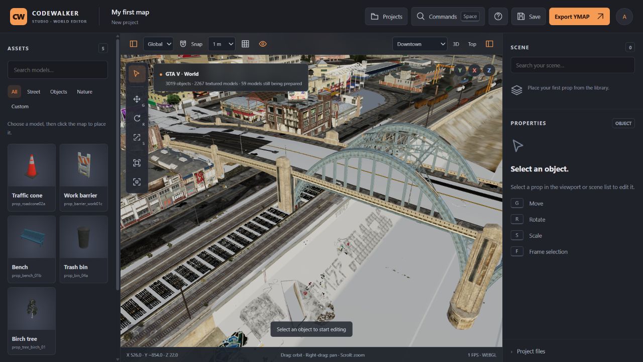 A real CodeWalker Studio workspace showing textured buildings, roads and editing tools